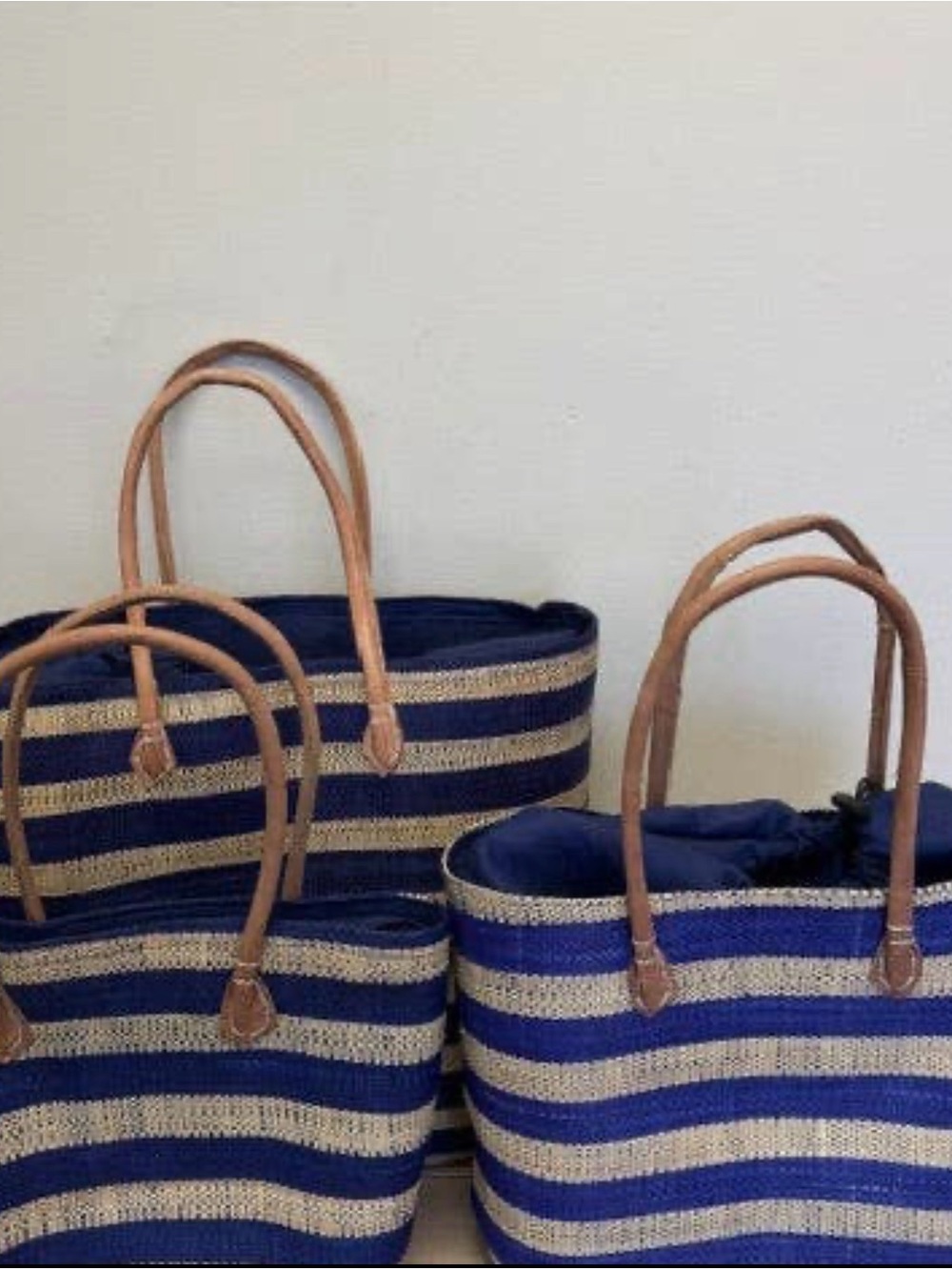 Madagascar Navy and Natural Striped Straw Tote with Tan Handles Madagascar - Lge